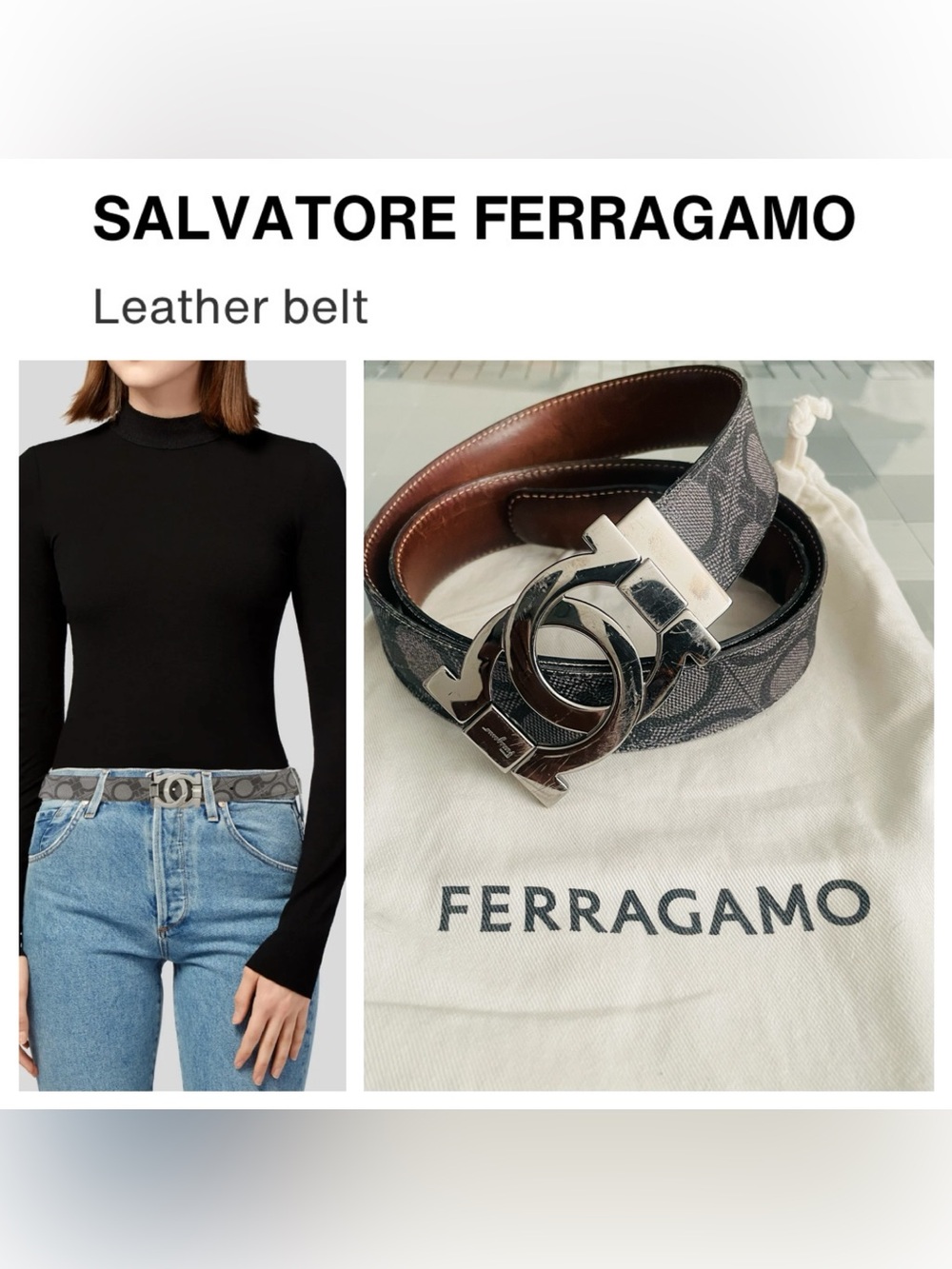 SALVATORE FERRAGAMO Gray Logo Canvas Reversible Leather Belt & Dust Bag